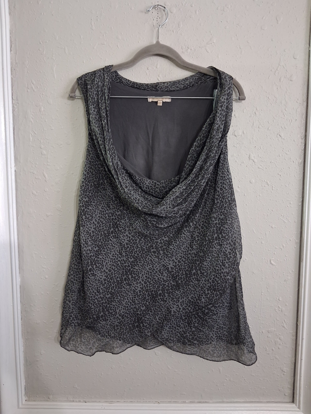 Sleeveless Gray Animal-Print Cowl Neck Top